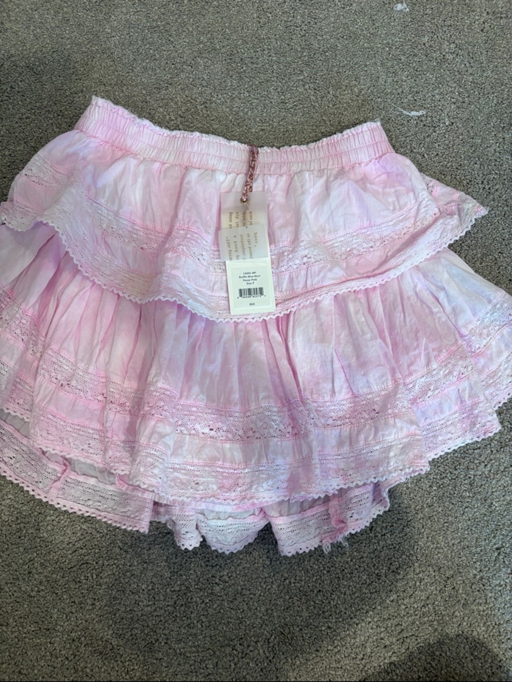 LoveShackFancy Pink Tiered Lace Mini Skirt